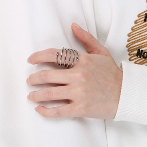 Close-up of spiral stainless steel ring with double beads on model's hand
