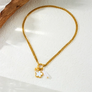 Double-layered gold chain necklace with five-petal flower and baroque pearl pendant