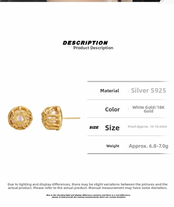 Detail view of S925 silver pearl earrings with 18K gold plating and product dimensions