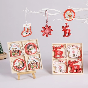Christmas wooden hanging ornaments set with reindeer and snowflake in red and white colors