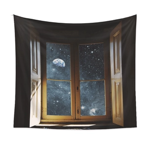 Detail of bohemian tapestry featuring a realistic window view of Earth and starry space