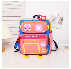 Detail shot of the colorful robot cartoon backpack with 3D elements for kids