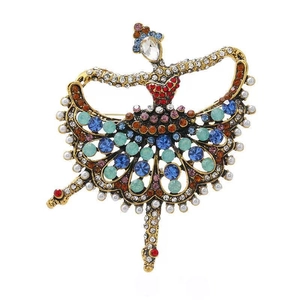 Vintage Ballet Girl Brooch Alloy Colorful Rhinestone Inlaid Elegant Dancer Pin With Imitation Artificial Pearl Accessories For Women