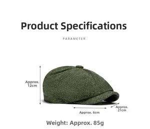 Detailed dimensions of green herringbone tweed newsboy cap with material specs and weight