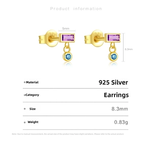 Detail view of 925 silver earrings with purple rectangular and blue round gemstones