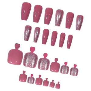 Coffret de faux ongles œil-de-chat rose pour mains et pieds avec paillettes