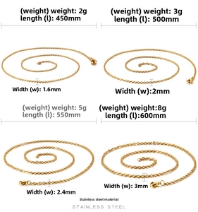 Size chart for stainless steel O-chains showing weights, lengths, and widths in gold finish