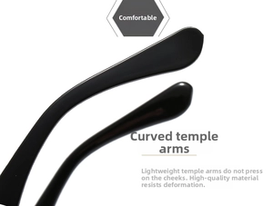Detail of ergonomic curved black eyeglass temples highlighting flexible and lightweight material
