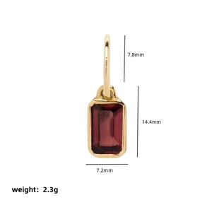 Gold stainless steel earrings featuring rectangular red zircon stones and measurements