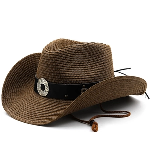Classic dark brown western straw cowboy hat with leather band and adjustable chin strap