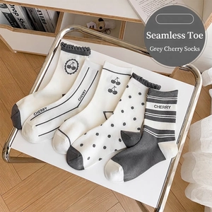 Chaussettes Mi-Mollet Femmes Coton Respirant Absorbant La Transpiration Style Japonais Dessin Animé Cerise Pois Rayé Bordure Volants Doux
