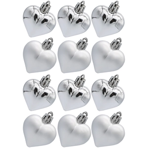 Set of 12 silver heart ornaments featuring matte and glossy finishes for festive decor