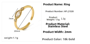 Detail view of 18k gold plated stainless steel ring with marquise zircon inlay and specs