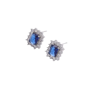 Bow-knot square blue zircon stud earrings with sparkling white stone halo in silver finish