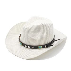 White straw cowboy hat with black leather band and turquoise stones for sun protection