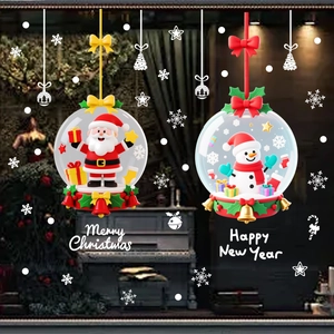 Festive Santa and Snowman window clings with red bows and gold bells for Christmas decoration