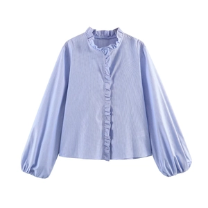 Light blue striped poplin shirt with ruffled collar and lantern sleeves on white background