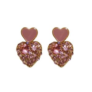 Elegant gold plated pink heart earrings with sparkling crystals and enamel finish