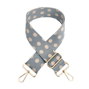 Adjustable wide replacement shoulder strap with beige polka dots on grey-blue fabric