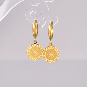 Titanium Steel Coin Hoop Earrings 18K Gold Plated Sunburst Compass Star Round Pendant Minimalist Jewelry For Women