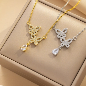 Double Butterfly Pendant Necklace Stainless Steel With Zircon Teardrop Elegant Minimalist Jewelry For Women