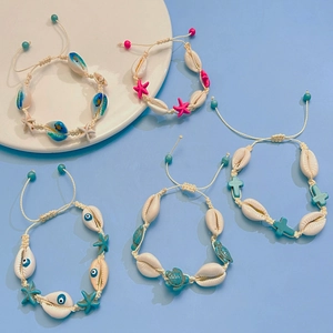 Bohemian summer ocean jewelry set with handmade shell starfish and turtle woven bracelets