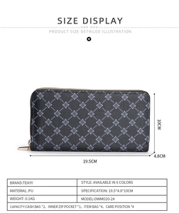 Detailed size chart for the geometric PU leather wallet with zipper closure and compartments