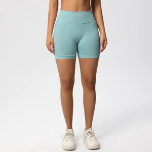 Front view of high waisted seamless biker shorts in light blue with wide waistband