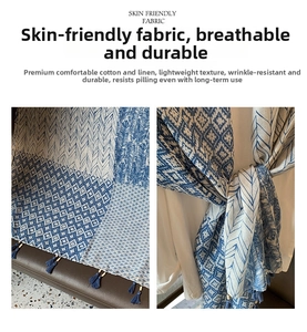 Detail of cotton linen scarf with blue geometric patterns and soft fringe tassels