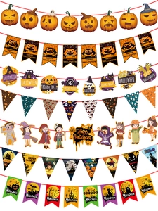Présentation à plat de bannières d'Halloween avec citrouilles, fantômes et slogans de fête