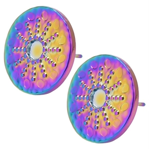 Macro shot of 304 stainless steel round stud earrings with rainbow metallic finish