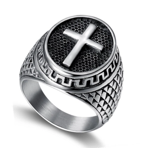 Retro Cross Ring Stainless Steel Punk Hip Hop Embossed Honeycomb Pattern Jewelry For Men