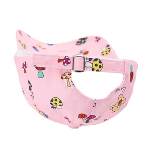 Pink kids baseball cap with bear and mushroom prints, featuring adjustable metal buckle