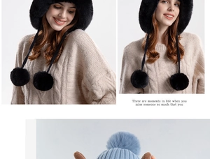 Plush faux fur earflap hat in black and blue knit antlers cap with pom-poms for winter