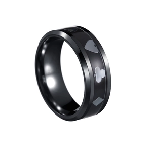 8mm black stainless steel ring with laser engraved silver poker suit patterns