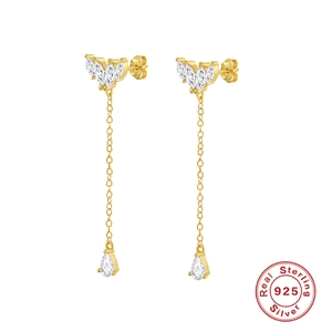 Elegant 925 sterling silver tassel drop earrings with sparkling marquise and pear cut zircons