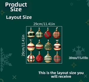 Detailed size chart for Christmas ball wall stickers showing dimensions of 29x29 cm
