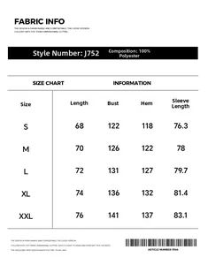 Detailed size chart for J752 hooded jacket including length and chest measurements