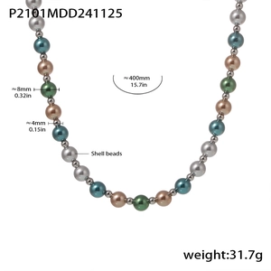 Detail showing 8mm shell pearl necklace dimensions, weight 31.7g and material specs
