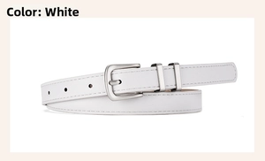 Detailed view of a slim white women's belt with a matte silver metal pin buckle