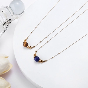 Tiger eye and lapis lazuli beads on gold stainless steel necklaces for women