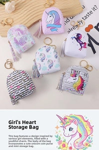 Detailed set of six unicorn mini coin purses with golden keychains and tassels