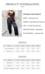 Detailed size chart for women's satin loungewear set including top and pants measurements