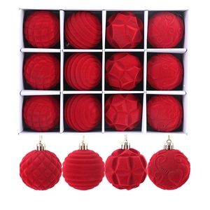 Set of 12 red flocked velvet Christmas balls with assorted geometric patterns for decor