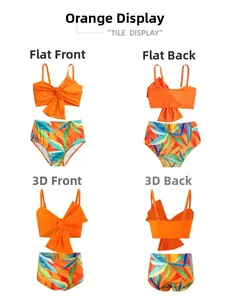 Vue à plat du bikini deux pièces pour filles avec culotte à imprimé tropical orange