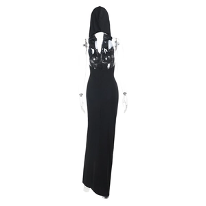 Detailed back view of a black hooded backless maxi dress showing the elegant cutout design