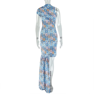 Detailed back view of vintage geometric print maxi dress with slim fit ruched design