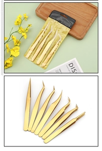 Detailed set of 7 gold stainless steel tweezers for eyelash extension and precision art