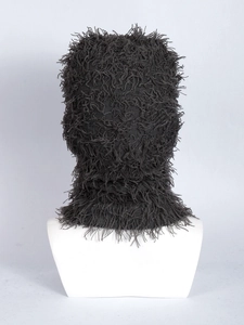 Close-up of deep gray knitted balaclava with long fringe and thick shaggy texture