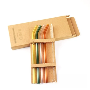 Eco-friendly set of four colored bent glass straws with cleaning brush in kraft paper box